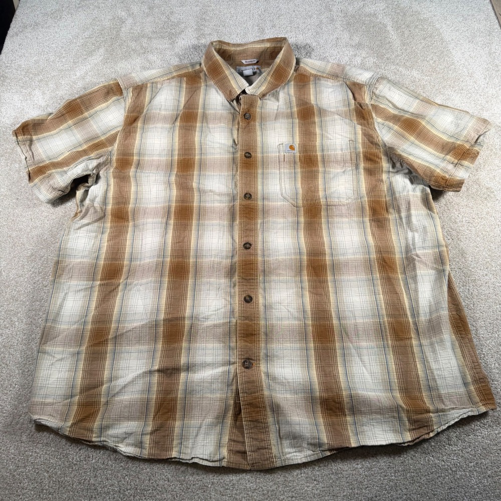 Carhartt Button Down Shirt Mens 2XL Brown Plaid Relaxed Fit Short Sleeve Cotton